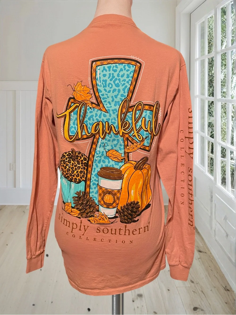 SIMPLY SOUTHERN Women’s Small Long Sleeve T-Shirt Thankful Pumpkin Fall Peach - Picture 5 of 9